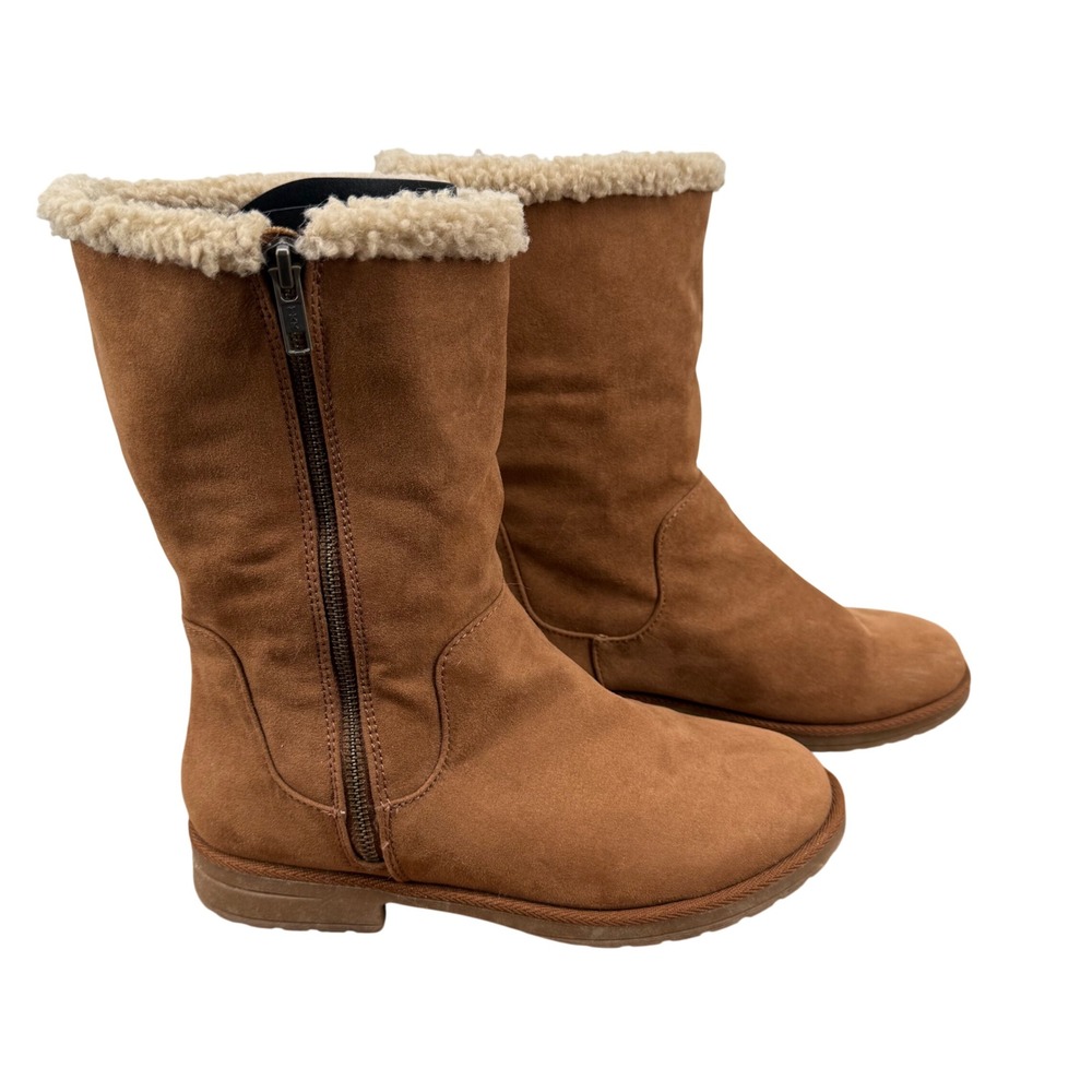 Old Navy‎ Womens Faux Suede Mid Calf Boots Brown Faux Fur Trim Side Zip Size 9